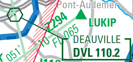 Le symbole du VOR sur une carte. la fréquence de la balise est 110.2MHz, DVL est son identifiant émit en morse