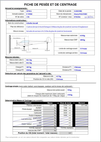 Exemple de fiche de pesée pour un motoplaneur fictif.