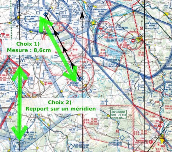 Mesure de la distance entre Brienne et Vatry par 2 méthodes. 1) 8.6cm x 500 000 = 43.5km. 2)utiliser un méridien comme règle gradué en y reportant la longueur : 00°24'00" = 24NM = 44.5km. L'écart de 1km est peu important.