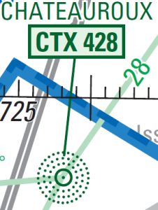 Le symbole du NDB sur une carte. la fréquence de la balise est 428KHz, CTX est son identifiant émit en morse