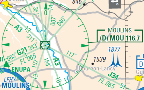 Le symbole du VOR/DME sur une carte. la fréquence du VOR 116.7MHz doit être sélectionnée pour utiliser le DME appariée, MOU est son identifiant émit en morse