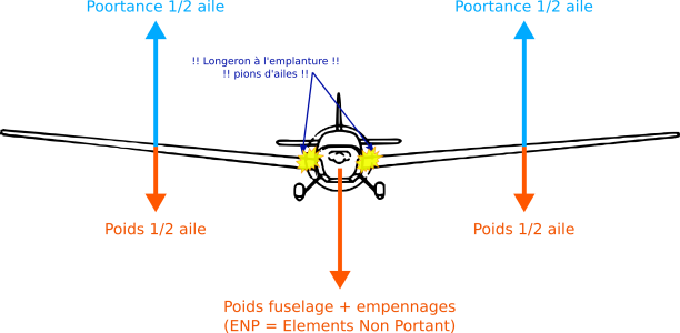 Sollicitation du longerons maximale au niveau de l'emplanture de l'aile.