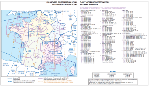 Lignes d'égale déclinaisons magnétiques (les isogones) en France en 2020 (en orange clair). Service de l’Information Aéronautique - Données originales téléchargées sur https://www.sia.aviation-civile.gouv.fr, mise à jour du 26 mars 2020.