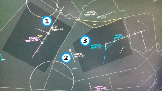 Type d'écran de radar secondaire. Aéronef 1 : mode C, Alt. 700ft, 70kt. Aéronef 2 : mode S, alt. 2600ft, 70kt. Aéronef 3 : mode S, alt. 200ft, 100kt.